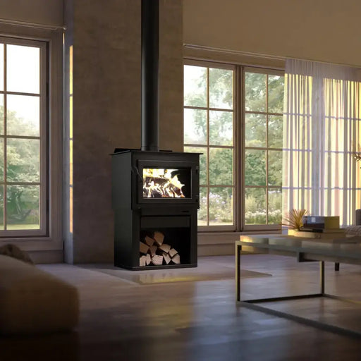 Modern living room featuring the Drolet Deco Alto Wood Furnace with firewood storage, designed for efficient heating.