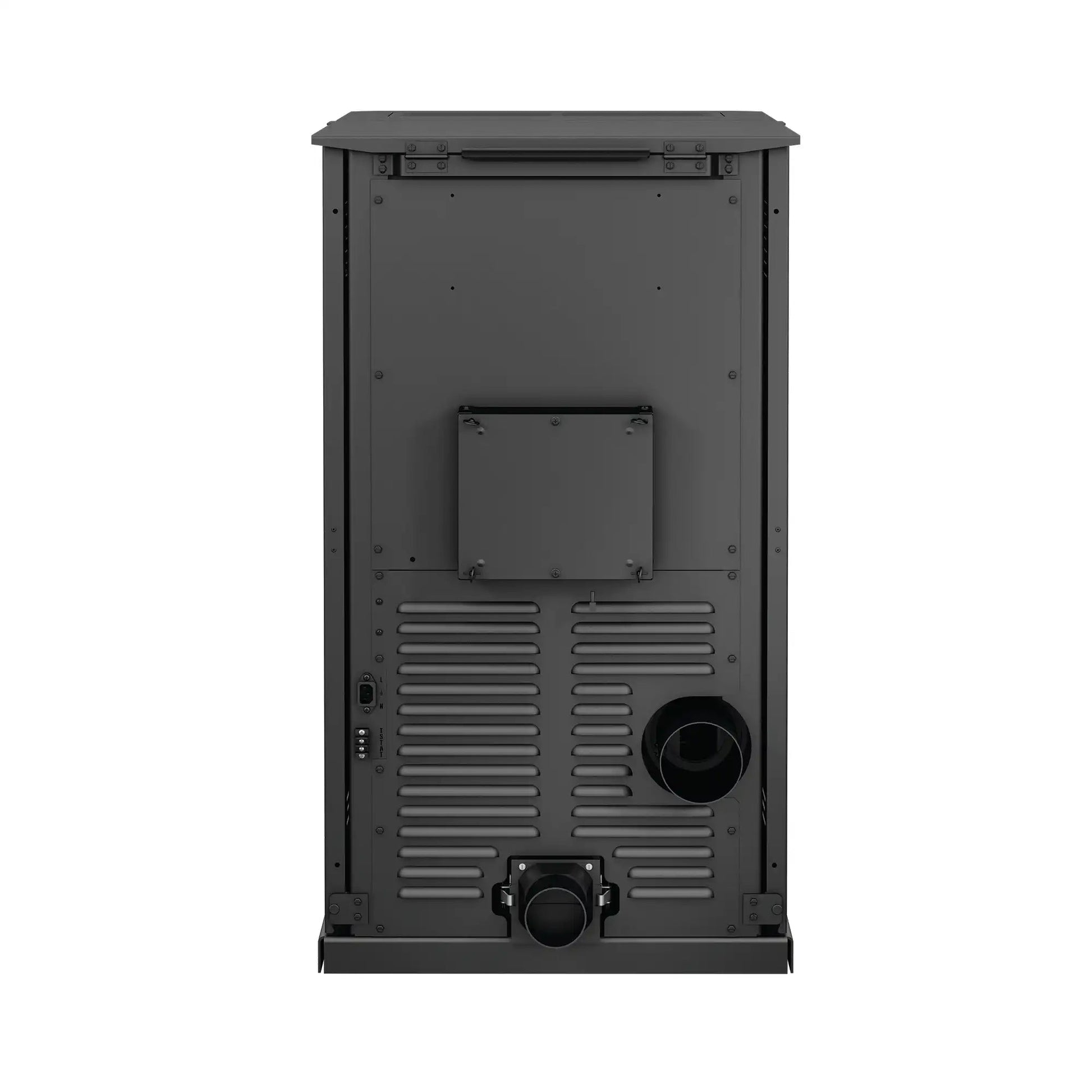 Back view of Drolet ECO-65R Pellet Stove from Cabin Depot, highlighting its sleek design and efficient build, ideal for home heating solutions.