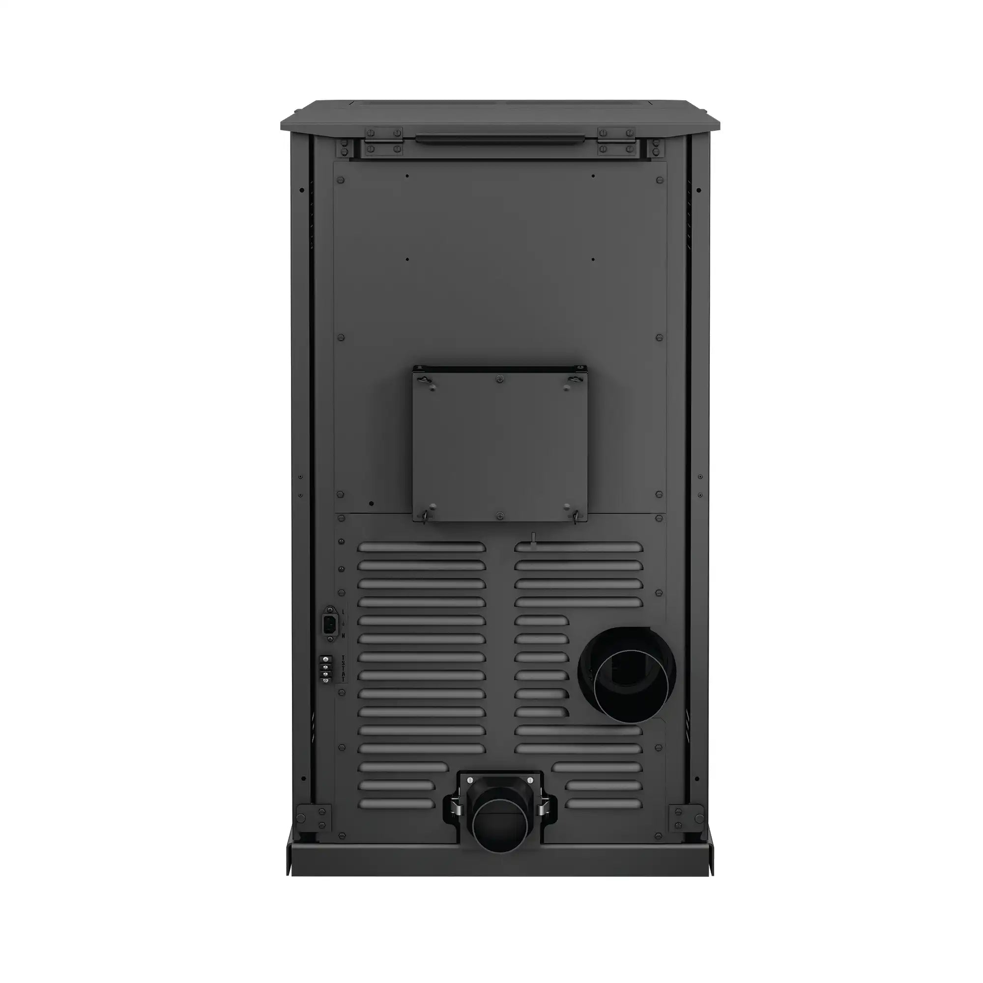 Back view of Drolet ECO-65R Pellet Stove from Cabin Depot, highlighting its sleek design and efficient build, ideal for home heating solutions.