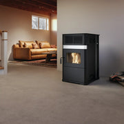 Drolet ECO-65R Pellet Stove in a cozy living room, ideal for heating spaces up to 2,600 ft², available at Cabin Depot.