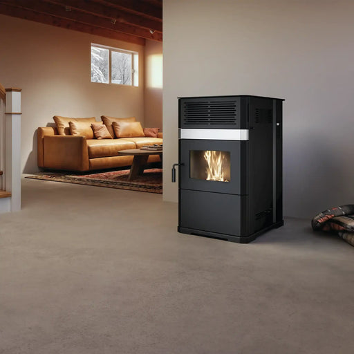 Drolet ECO-65R pellet stove in a cozy living room, showcasing design and efficiency for heating up to 2,600 ft².