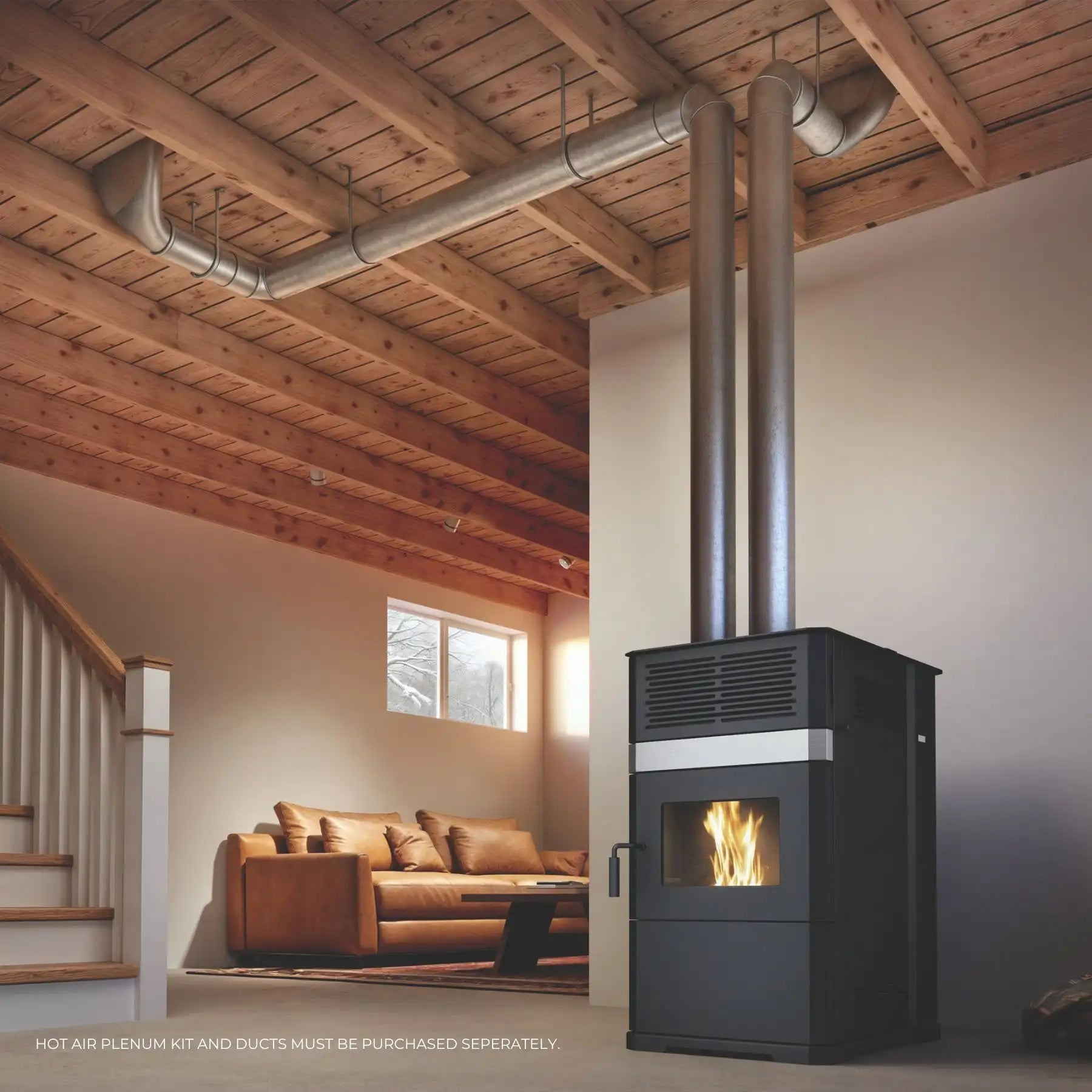Alt Tag: Drolet ECO-65R Pellet Stove in a living room setting, efficient heating solution available at Cabin Depot