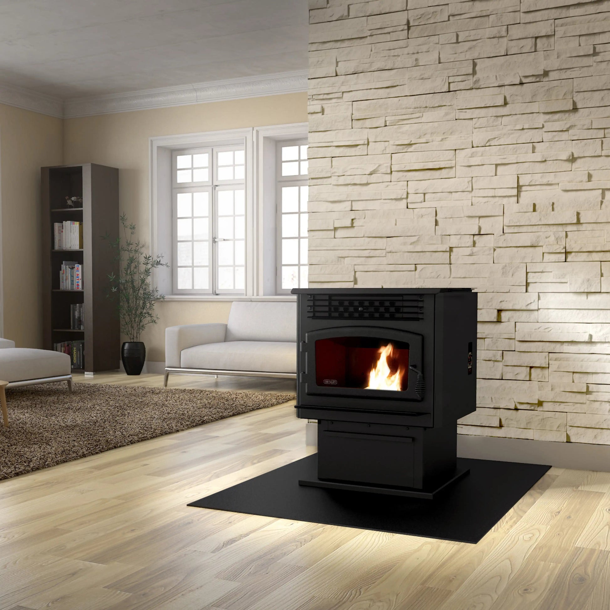 Drolet ECO-55 Pellet Stove in modern living room, perfect for heating areas up to 2,000 sq ft, available at Cabin Depot.