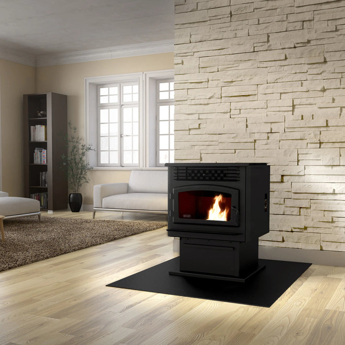 Modern living room with Drolet ECO-55 Pellet Stove, showcasing efficient heating and sleek design.