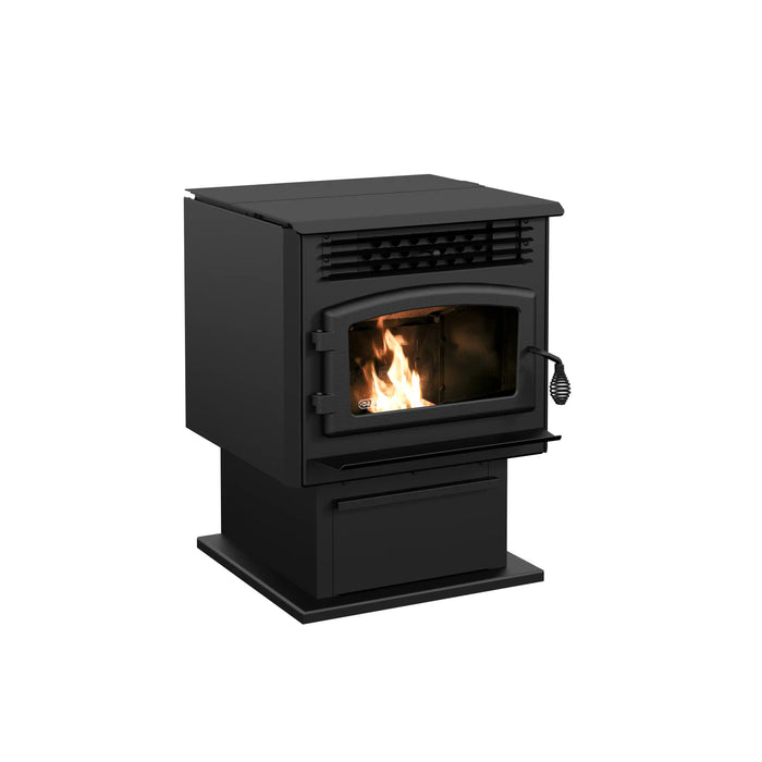 Drolet ECO-55 Pellet Stove with flame, efficient home heating solution, easy maintenance, low emissions, up to 39,260 BTU/h.