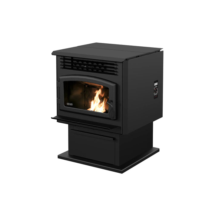 Drolet ECO-55 Pellet Stove with flames visible, efficient heating for areas up to 2,000 ft², low emission rate, user-friendly controls.