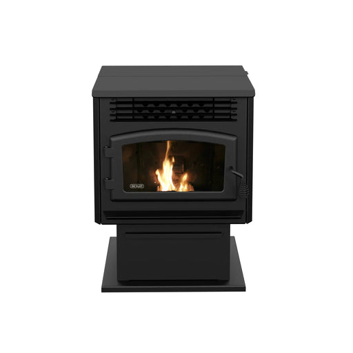 Drolet ECO-55 pellet stove with visible flame, efficient heating for up to 2,000 ft², user-friendly electronic controls.