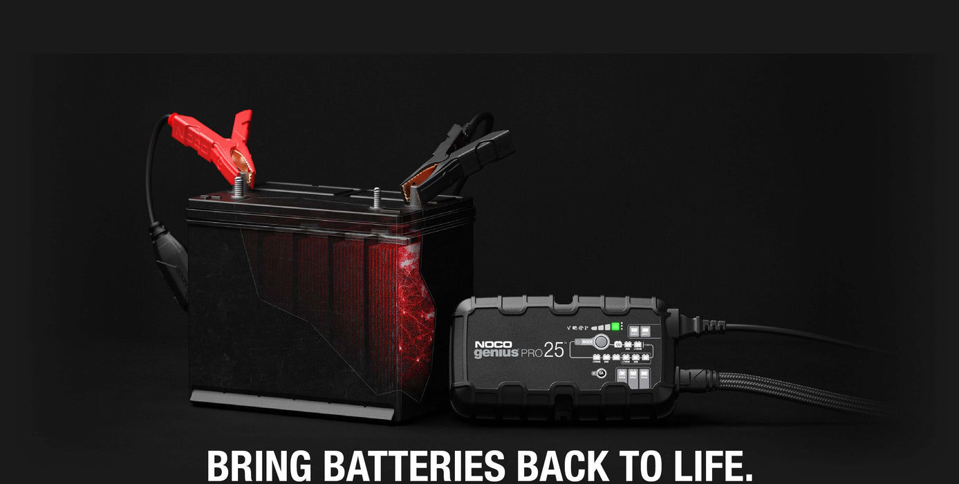 NOCO 25A Pro Battery Charger charging battery, GENIUSPRO25 for all battery types, available at Cabin Depot.