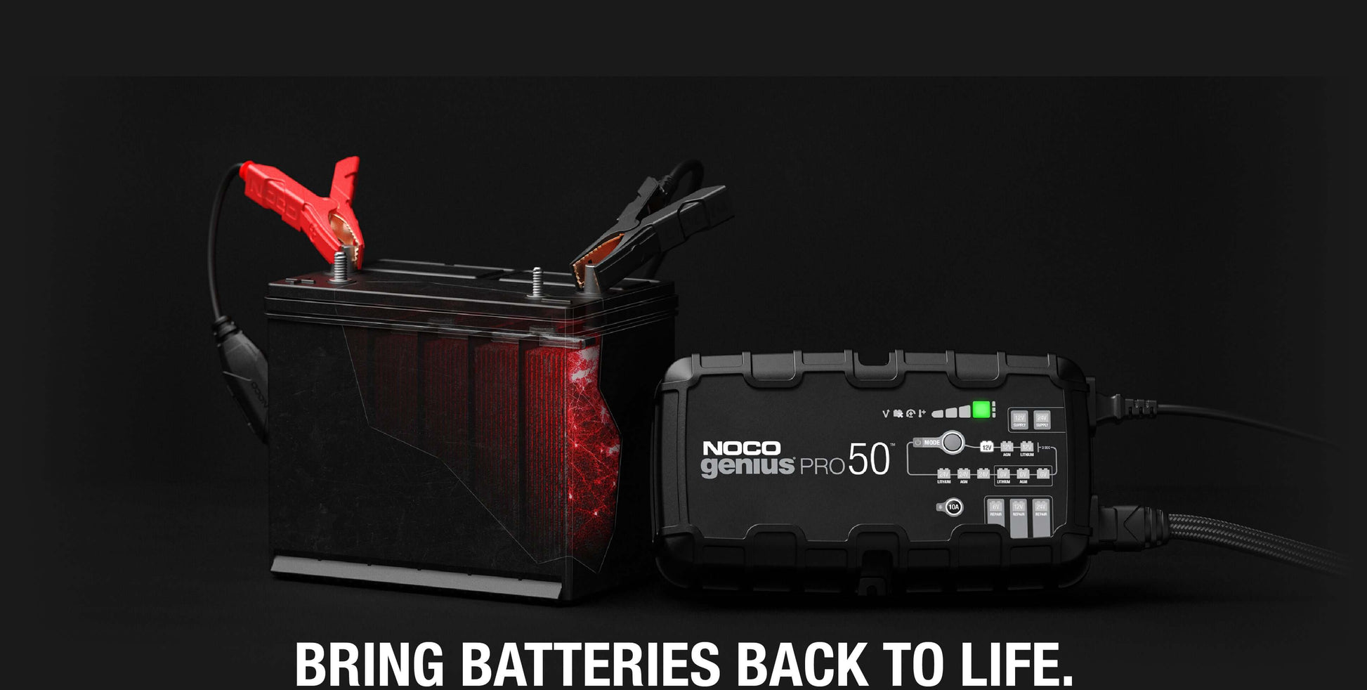 NOCO GeniusPro50 50A battery charger with clamps restoring a car battery, available at Cabin Depot.