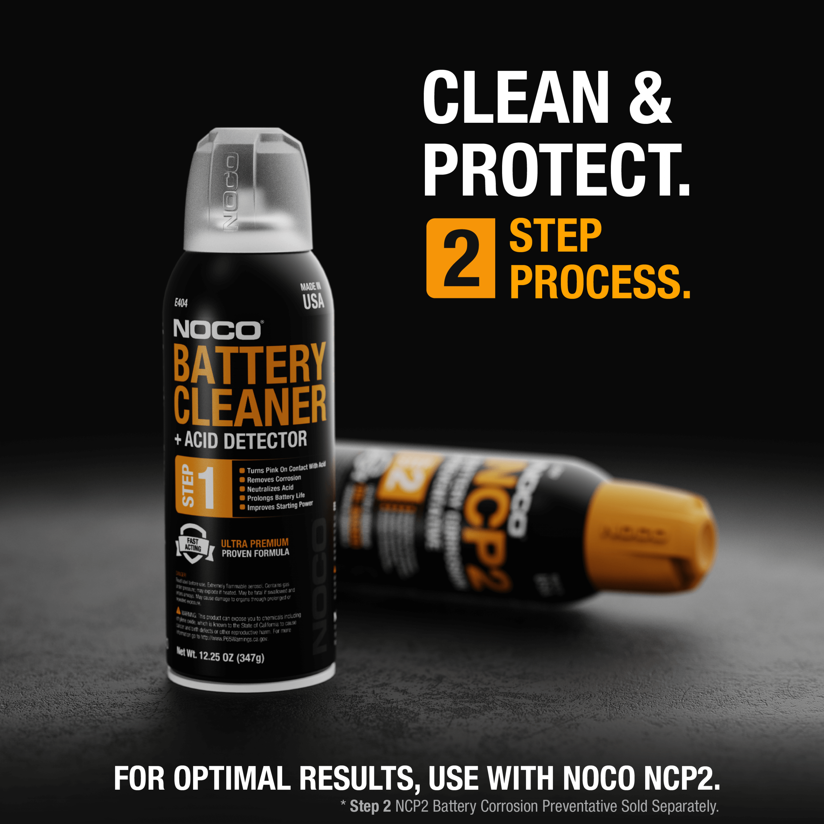 NOCO 14oz Battery Cleaner and Acid Detector at Cabin Depot, featuring a 2-step process for battery maintenance and protection.