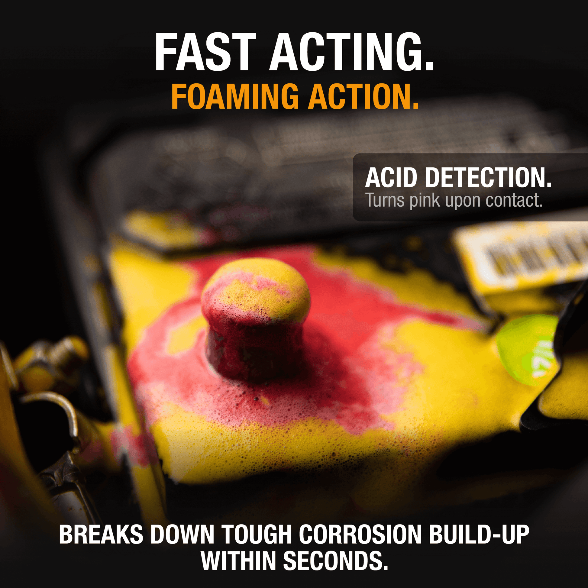 NOCO 14oz Battery Cleaner demonstrating foaming action on corrosion. Acid detector turns pink on contact. Available at Cabin Depot.