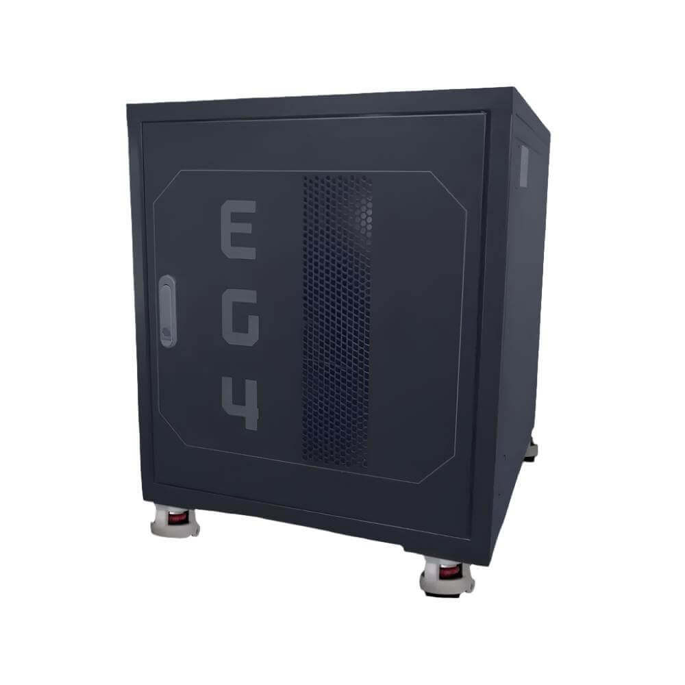 EG4 Preassembled 3-Slot Battery Rack from Cabin Depot, featuring a lockable door and bolt-on casters for safe, convenient battery storage.