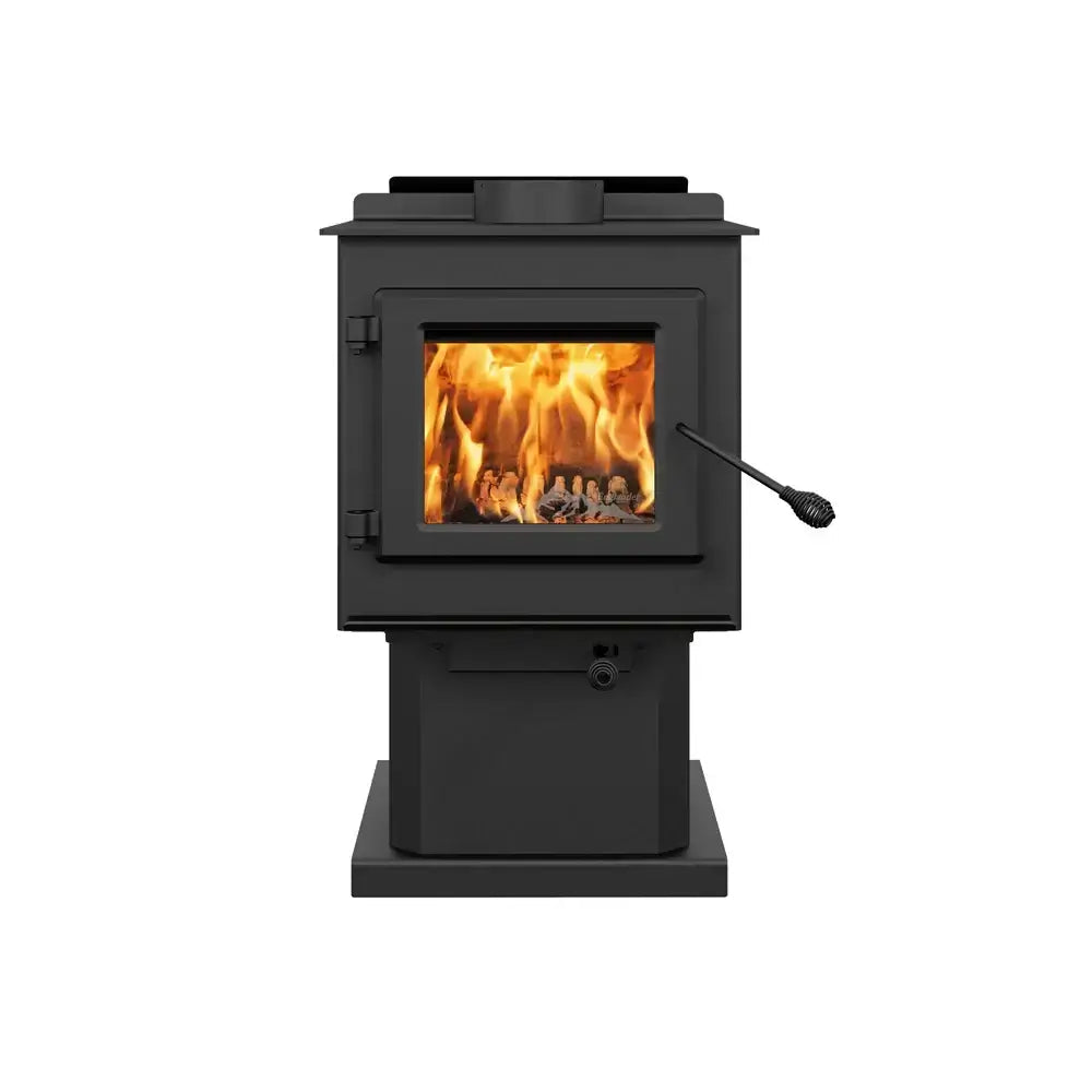 Englander Blue Ridge 100 Wood Stove with ceramic glass, ideal for small spaces at Cabin Depot, free shipping available.