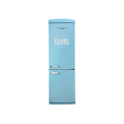 Light blue refrigerator with 'ELVIS' branding on a white background