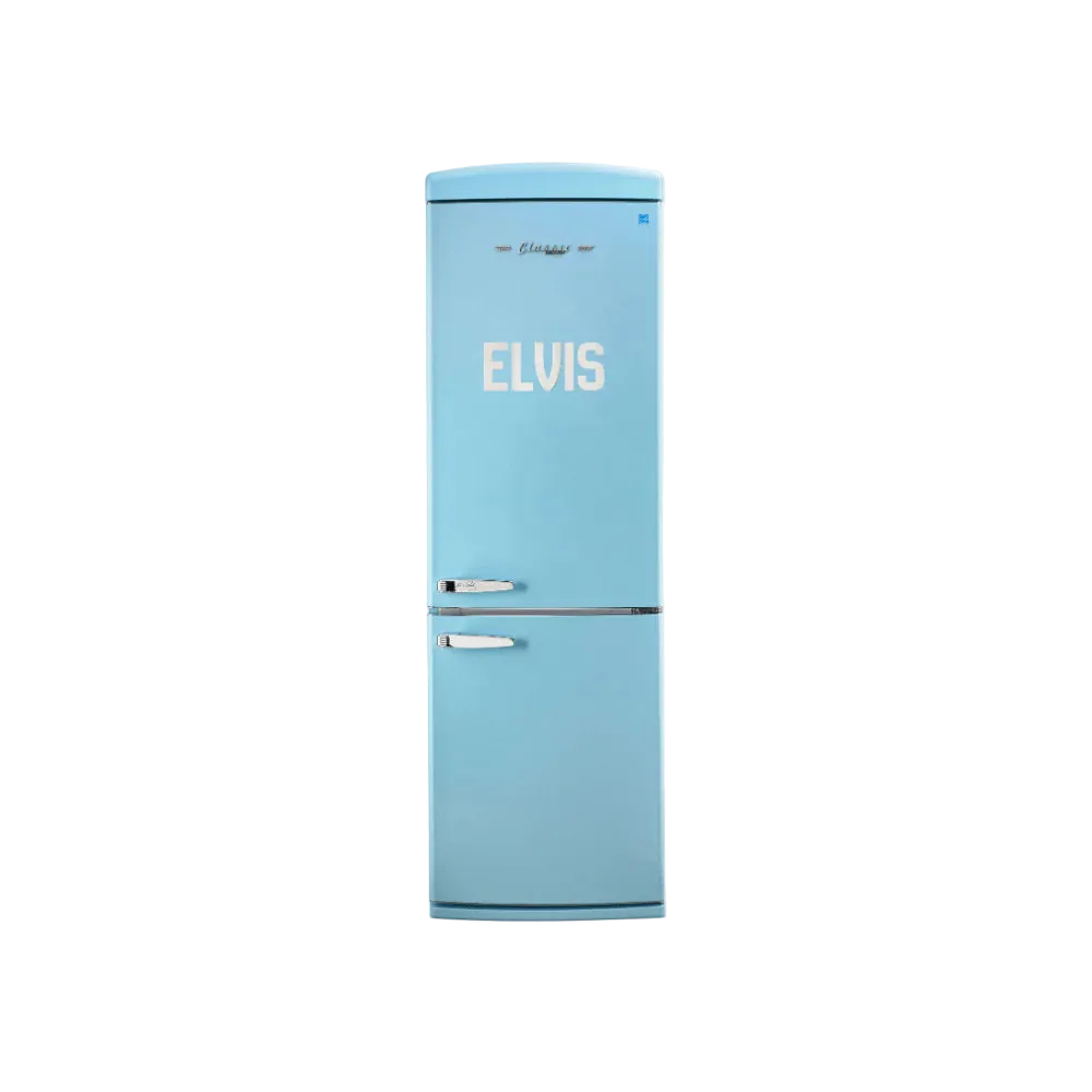 Light blue refrigerator with 'ELVIS' branding on a white background