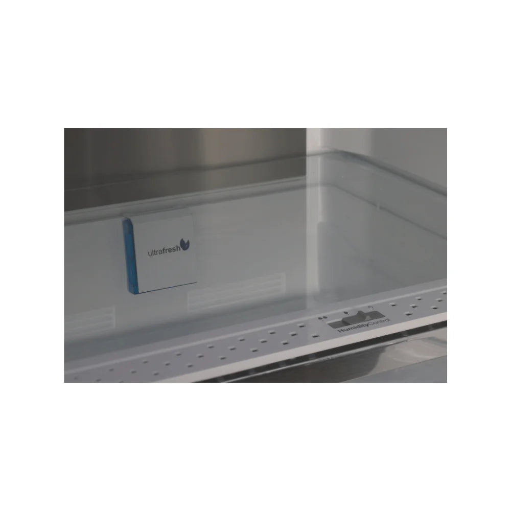 Empty refrigerator shelf with a visible brand label on a white background