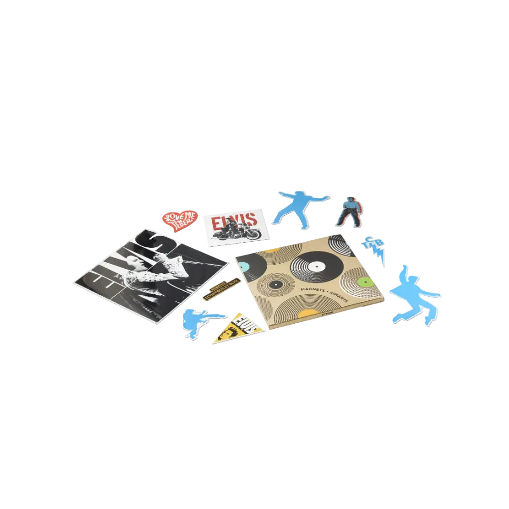 Collection of Elvis Presley memorabilia including vinyl records and figures on a white background