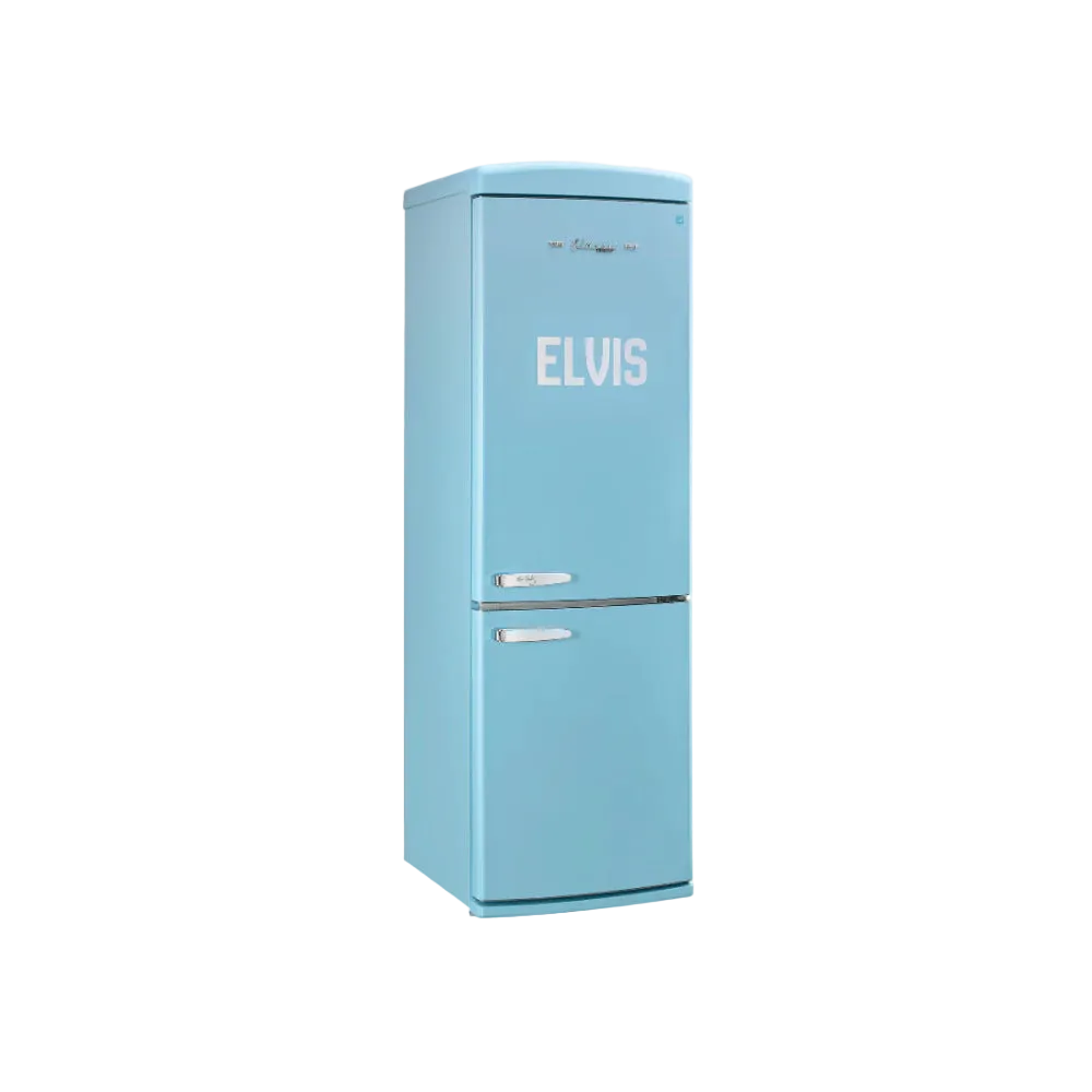 Light blue refrigerator with 'ELVIS' branding on a white background