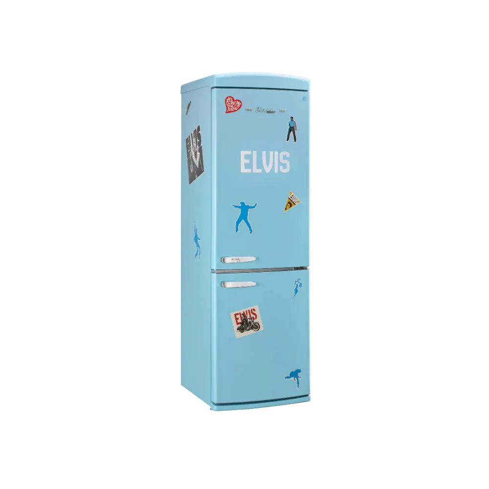Light blue refrigerator with Elvis-themed stickers on a white background