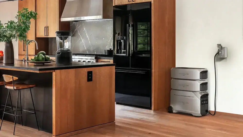 "EcoFlow DELTA Pro 3 Smart Extra Battery stacked in modern kitchen, providing expanded power up to 12kWh for home use"