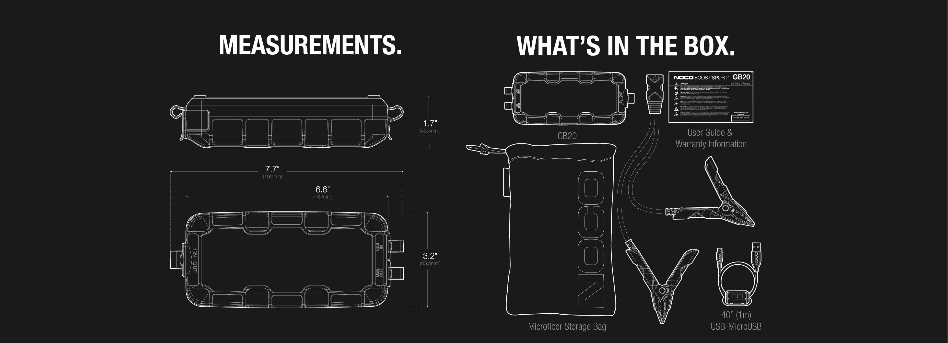 Diagram of NOCO 12V 500A Jump Starter measurements and box contents, available at Cabin Depot.