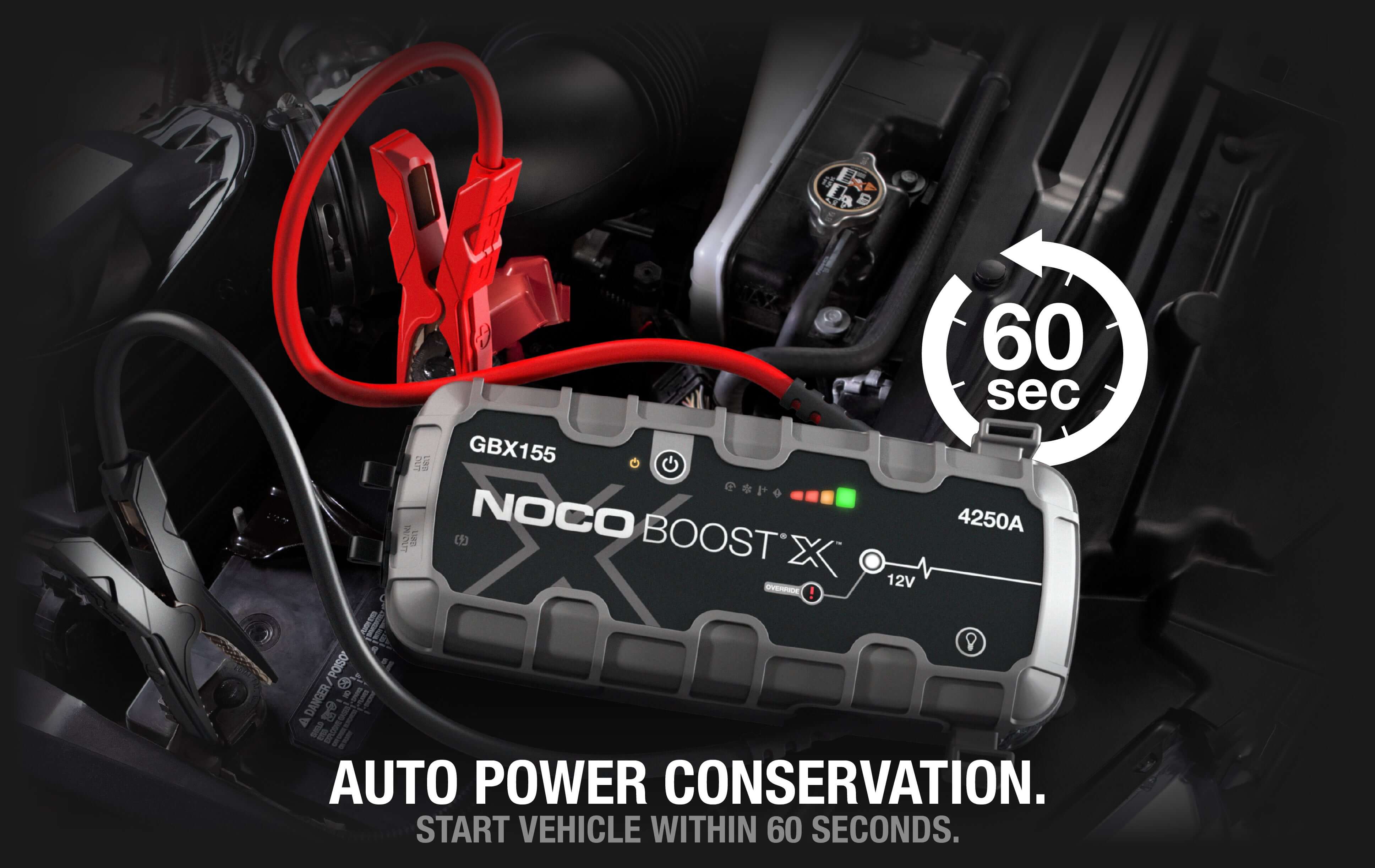NOCO 12V 4250A Boost X Jump Starter in engine bay, Cabin Depot product for efficient 60-second vehicle start with ultra-safe technology.