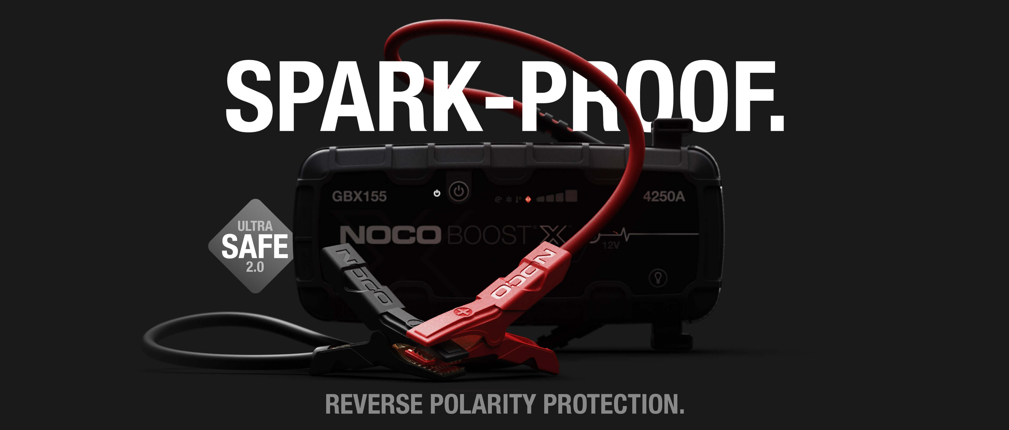 NOCO 12V 4250A Boost X Jump Starter with clamps by Cabin Depot, featuring spark-proof design and reverse polarity protection.