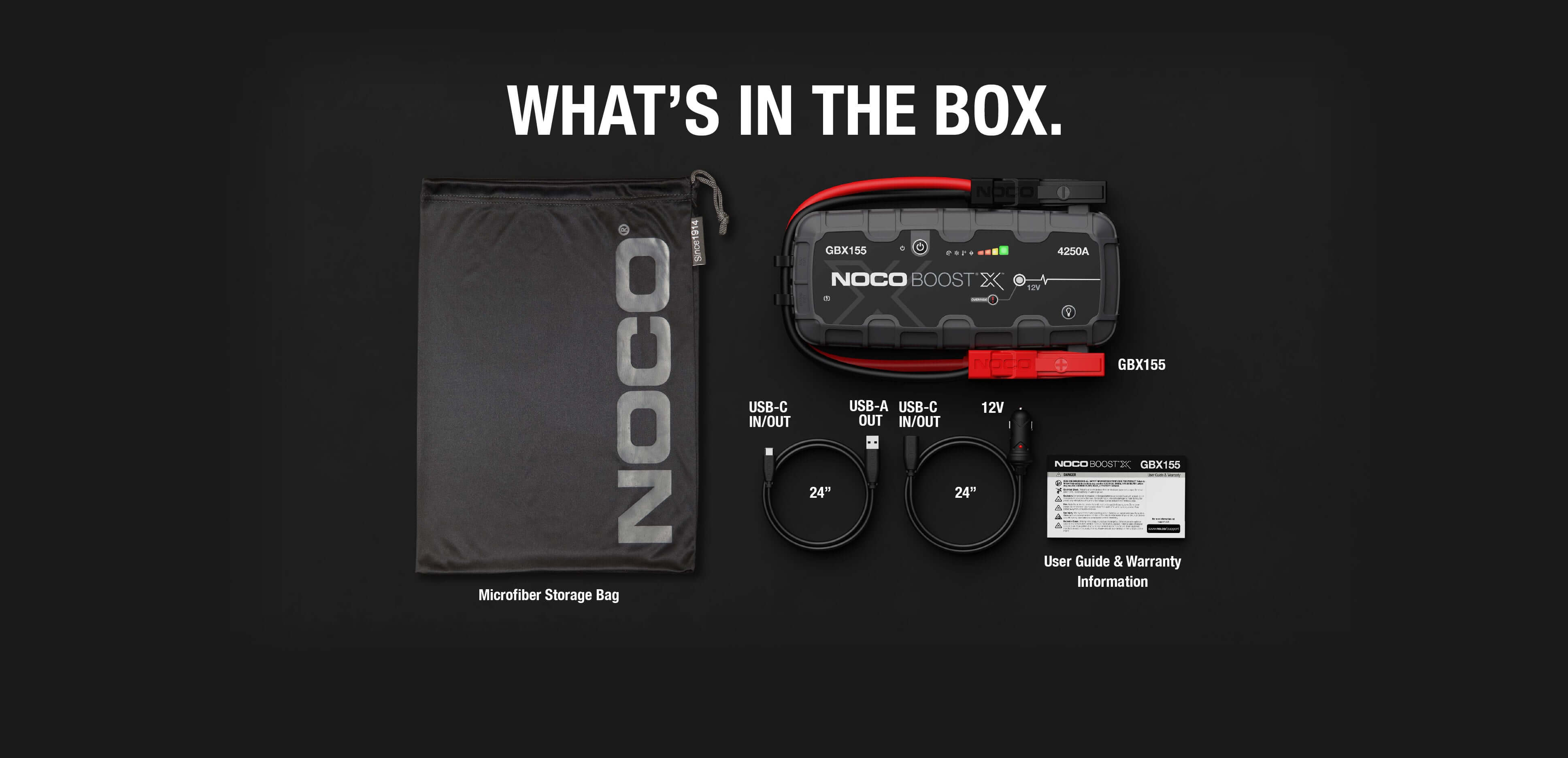 NOCO Boost X GBX155 jump starter kit contents with storage bag, cables, and manual from Cabin Depot.
