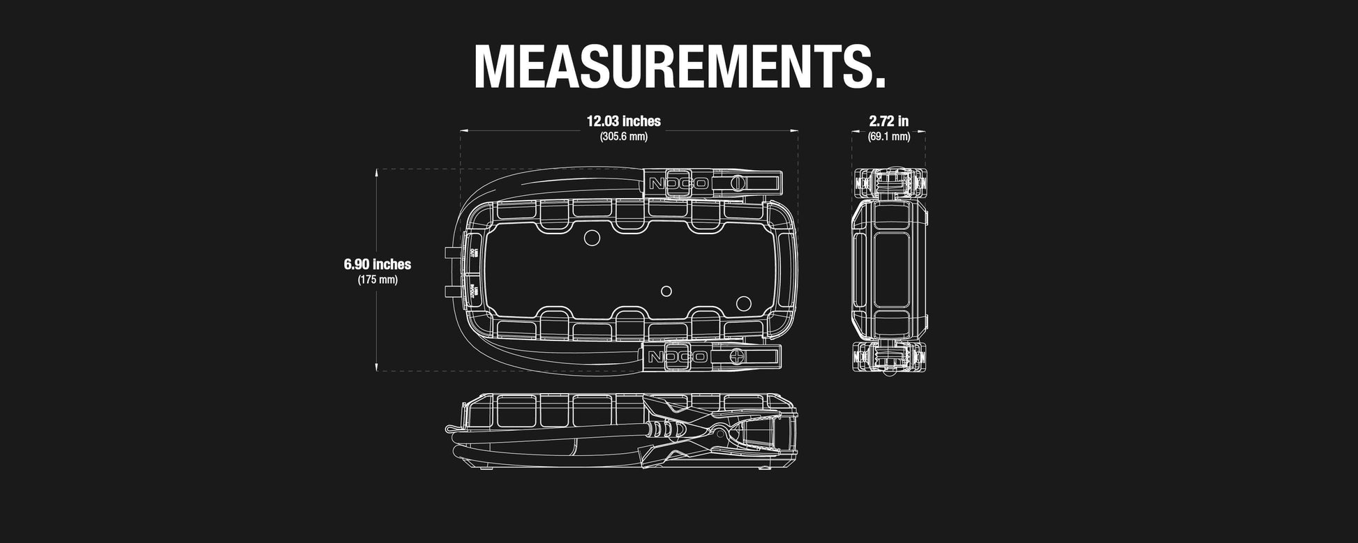 Dimensions diagram for NOCO 12V 4,250A Boost X Jump Starter, showcasing length, width, and height for Cabin Depot shoppers.