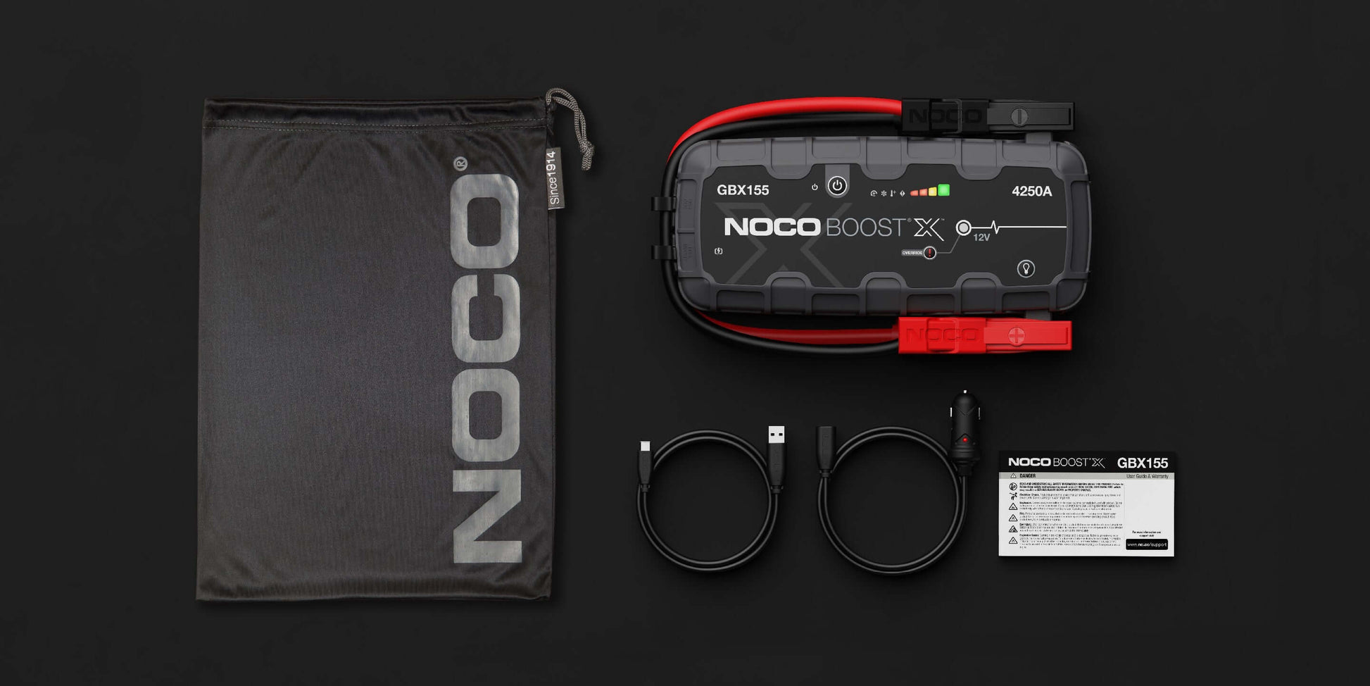 NOCO 12V 4,250A Boost X Jump Starter, cables, and carrying case displayed on a black background. Available at Cabin Depot.