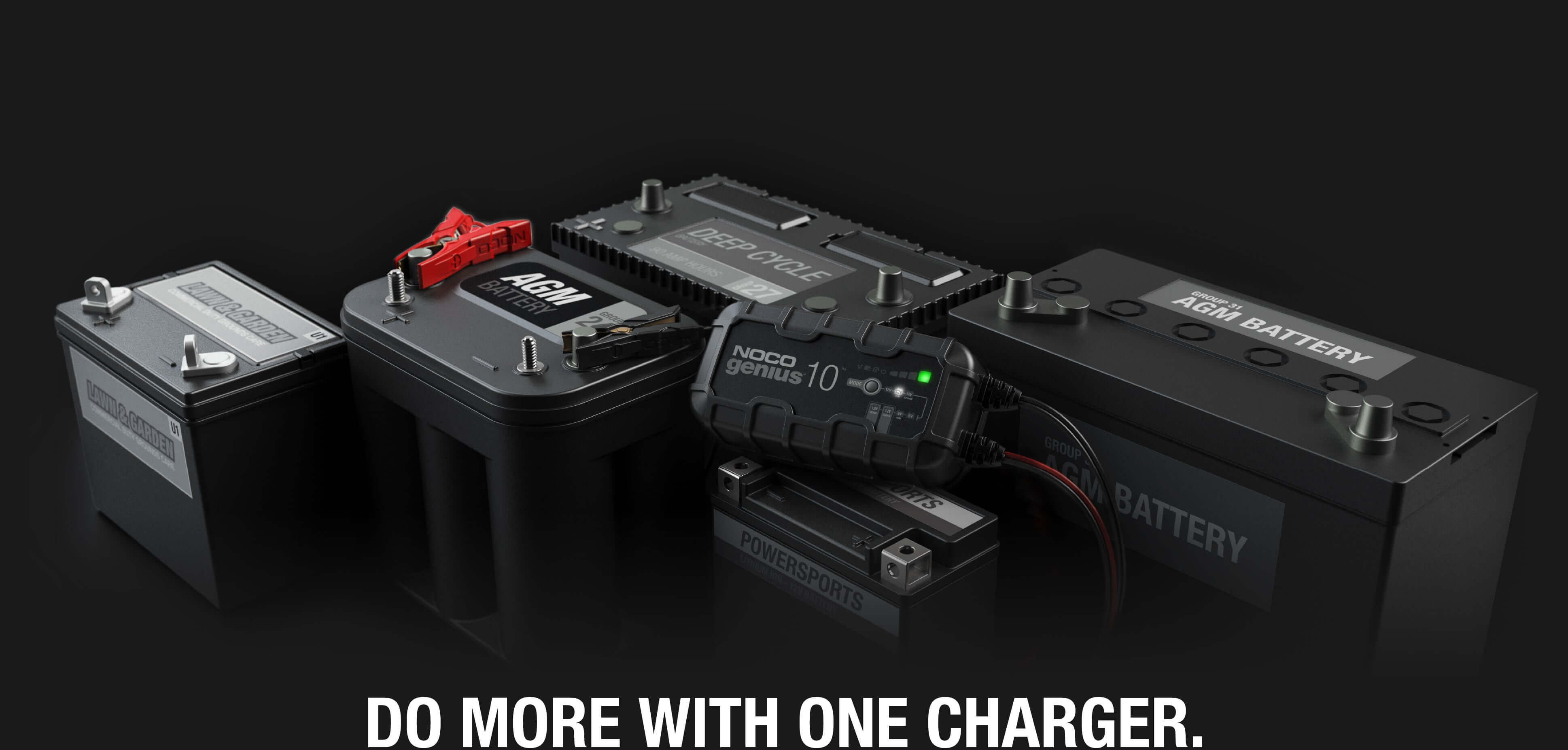 NOCO 10A Battery Charger with various batteries, showcasing versatility for Cabin Depot