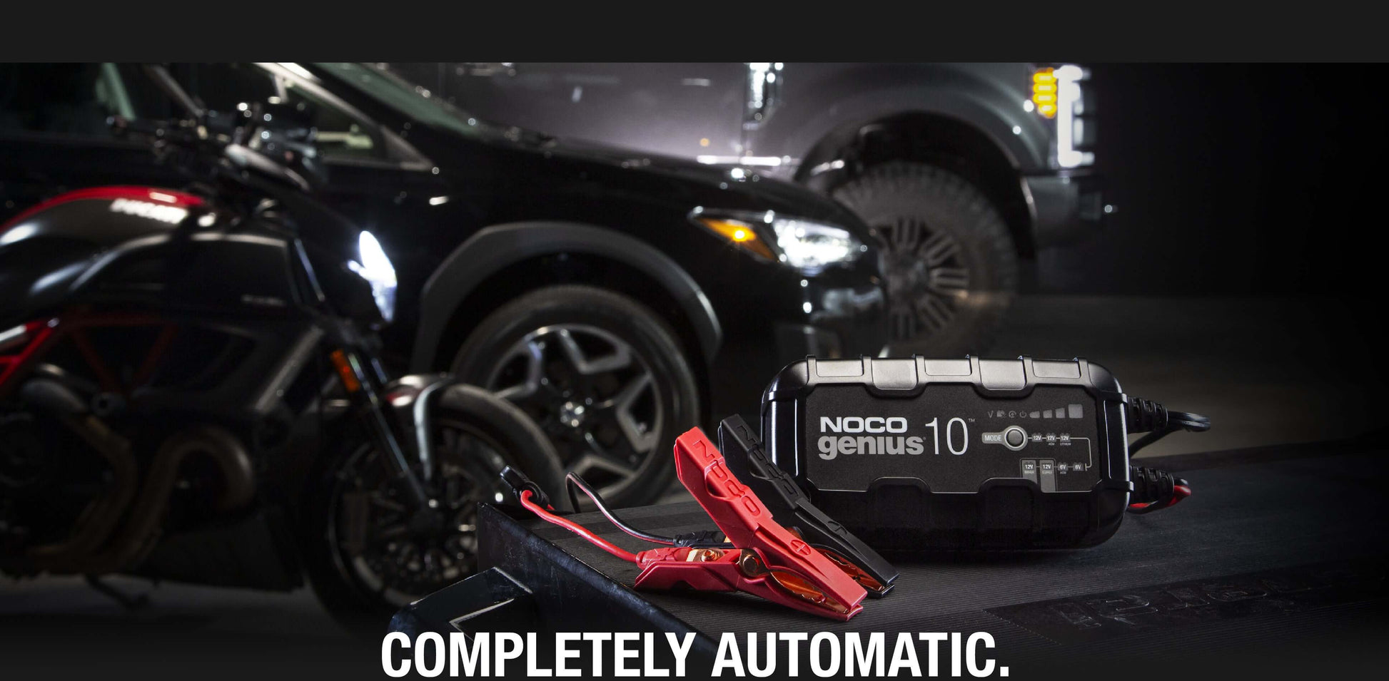 NOCO GENIUS10 10A Battery Charger with vehicles, highlighting automatic charging feature for auto and marine use - Cabin Depot.