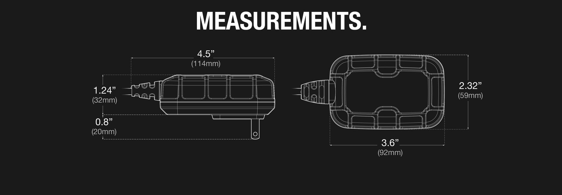 Dimensions diagram for NOCO GENIUS1 Battery Charger, available at Cabin Depot. Measurements: 4.5" x 1.24" x 0.8" and 3.6" x 2.32".