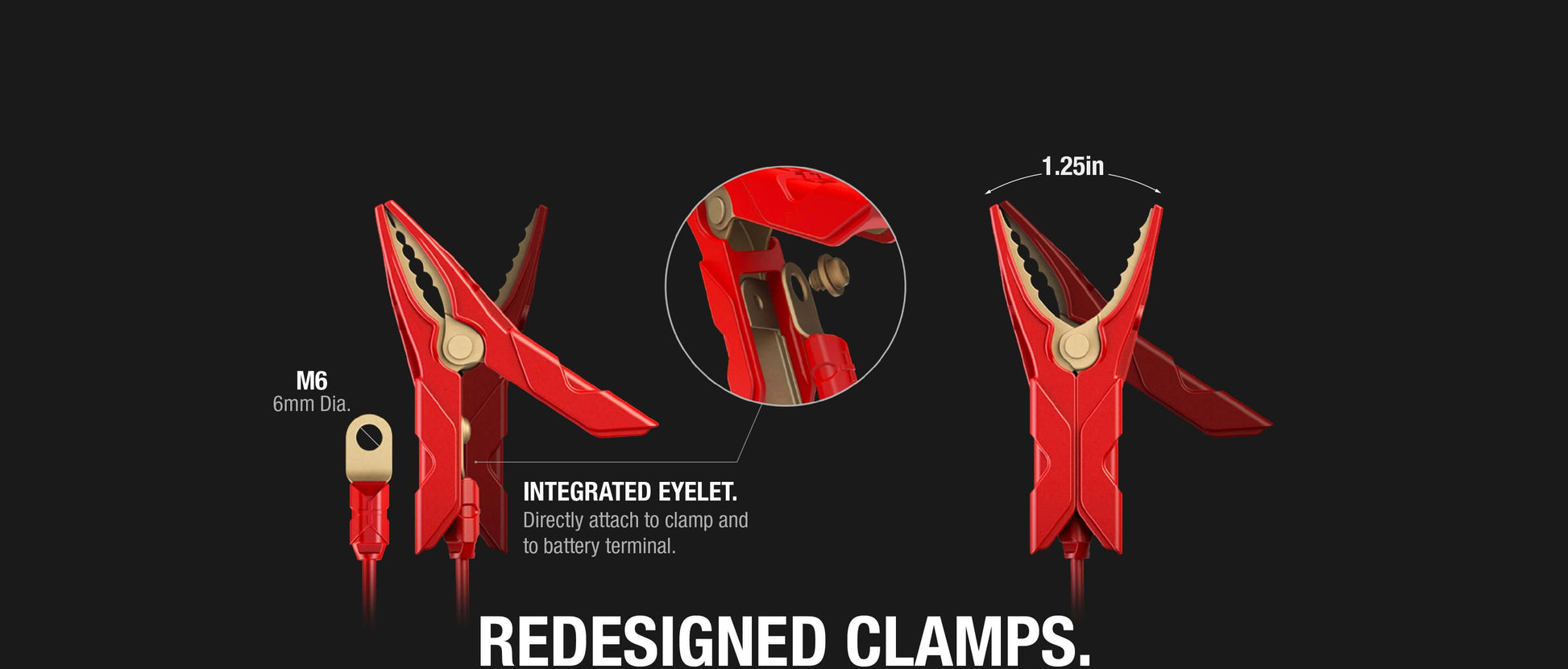 Redesigned clamps for NOCO 1A Battery Charger at Cabin Depot, featuring integrated eyelet and compact design for efficient connection.