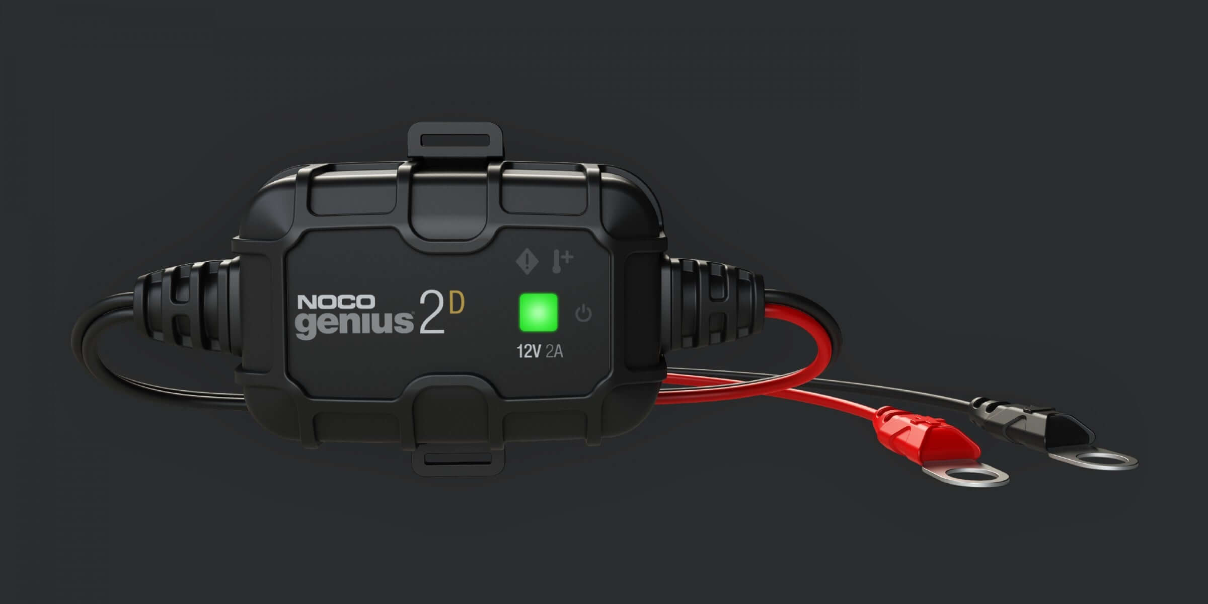 NOCO 2A Direct-Mount Battery Charger GENIUS2D for 12V lead-acid batteries, available at Cabin Depot, energy-efficient and compact design