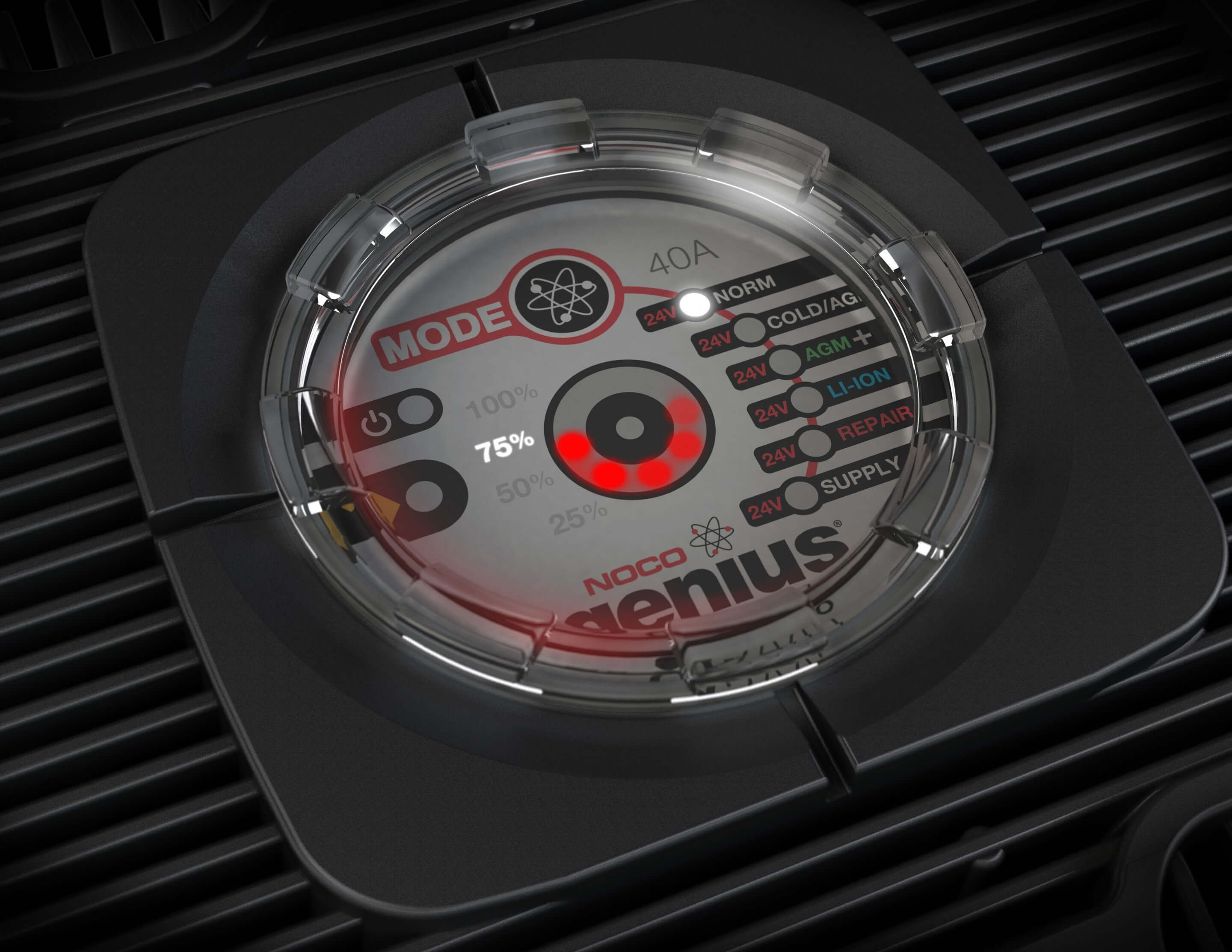 NOCO 24V 40A Industrial Charger Display showing charging modes and status for electric vehicles, available at Cabin Depot