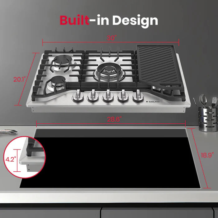 Gaslandchef 30" 5 Burner Gas Cooktop With Griddle - Stainless Steel
