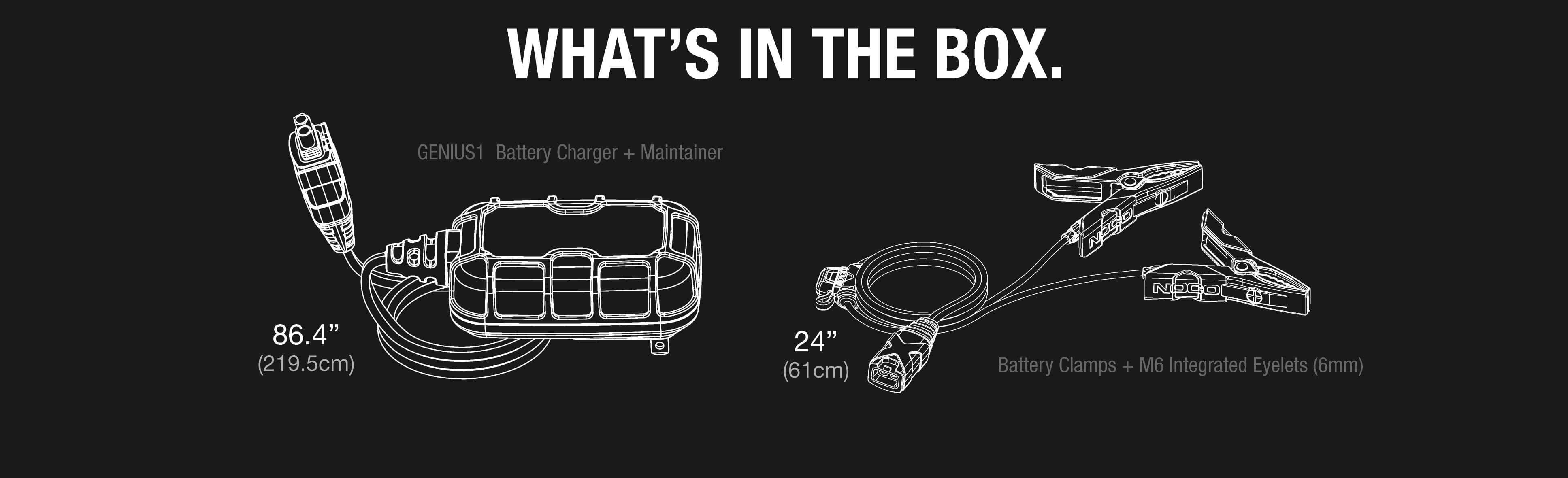 NOCO GENIUS1 1A Battery Charger and Maintainer components, including cables and clamps. Available at Cabin Depot.