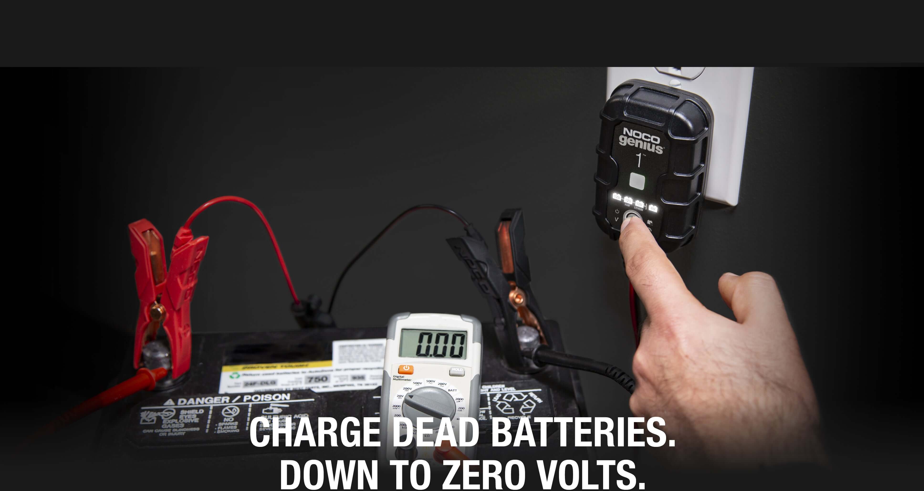 Using NOCO GENIUS1 Charger from Cabin Depot to charge dead batteries down to zero volts.