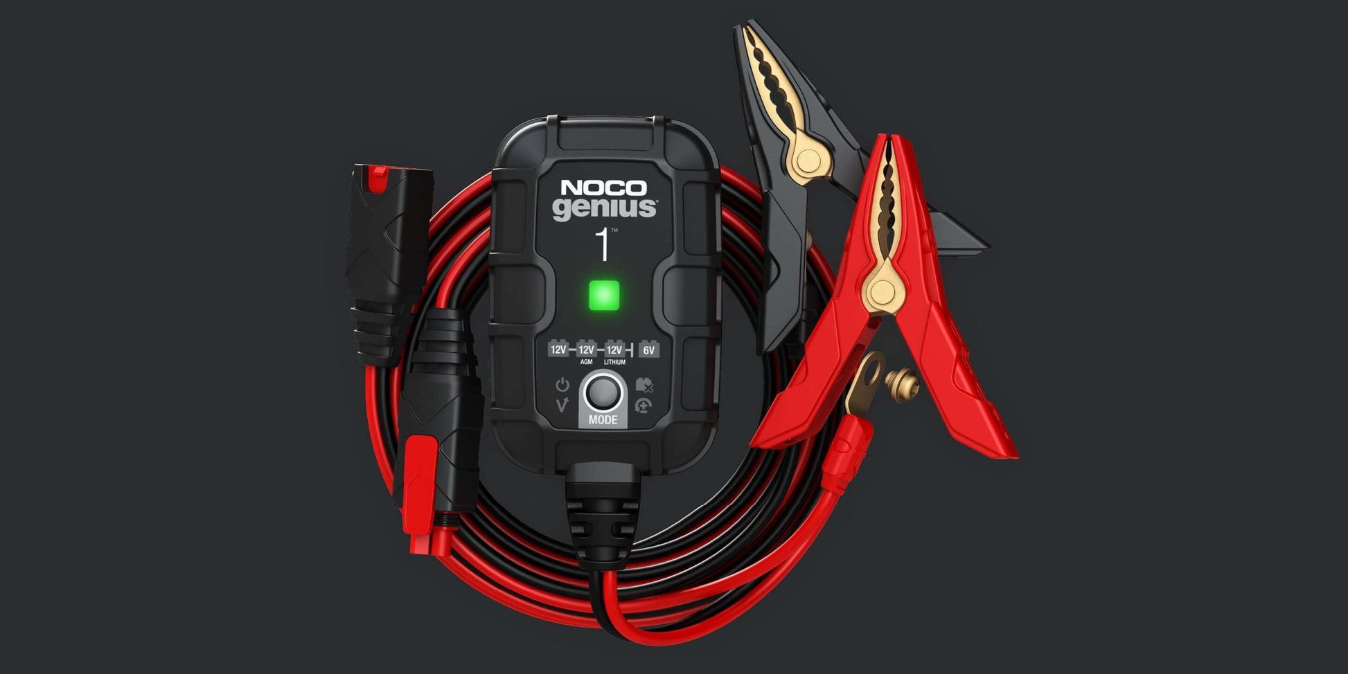 NOCO GENIUS1 1A Battery Charger with cables, maintains and desulfates 6V and 12V batteries. Available at Cabin Depot.