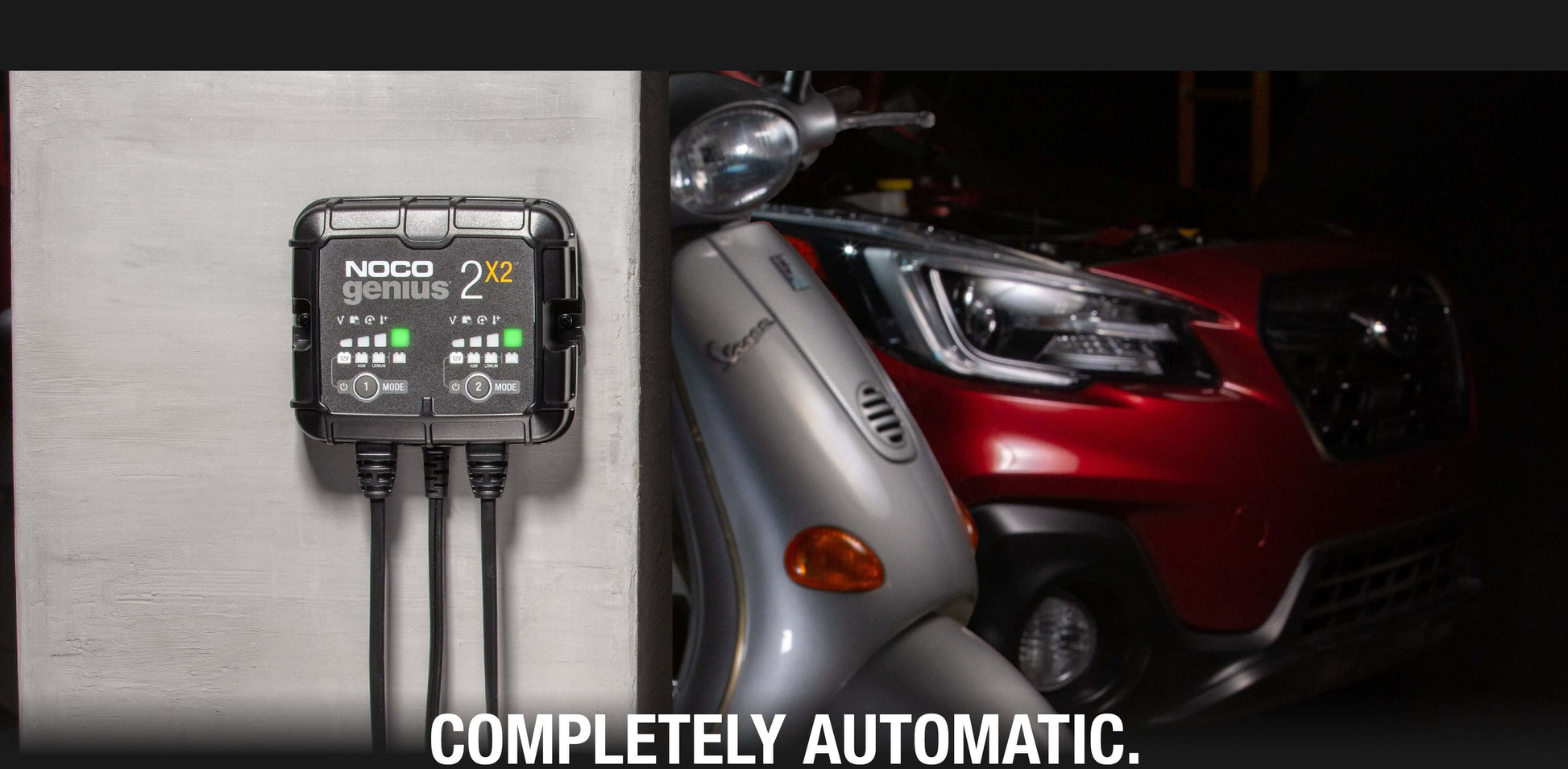 NOCO GENIUS2X2 4A Battery Charger in action at Cabin Depot, showcasing automatic two-bank charging for 6V and 12V lead-acid batteries.