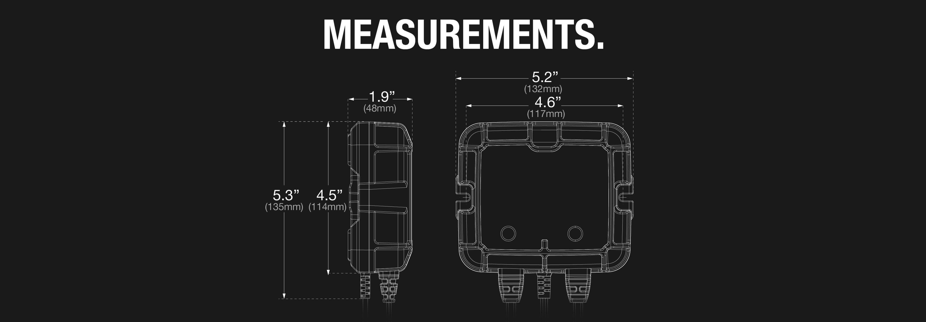 Diagram showing measurements of NOCO 4A Battery Charger GENIUS2X2 with dimensions 5.3x4.5x1.9 inches, available at Cabin Depot.