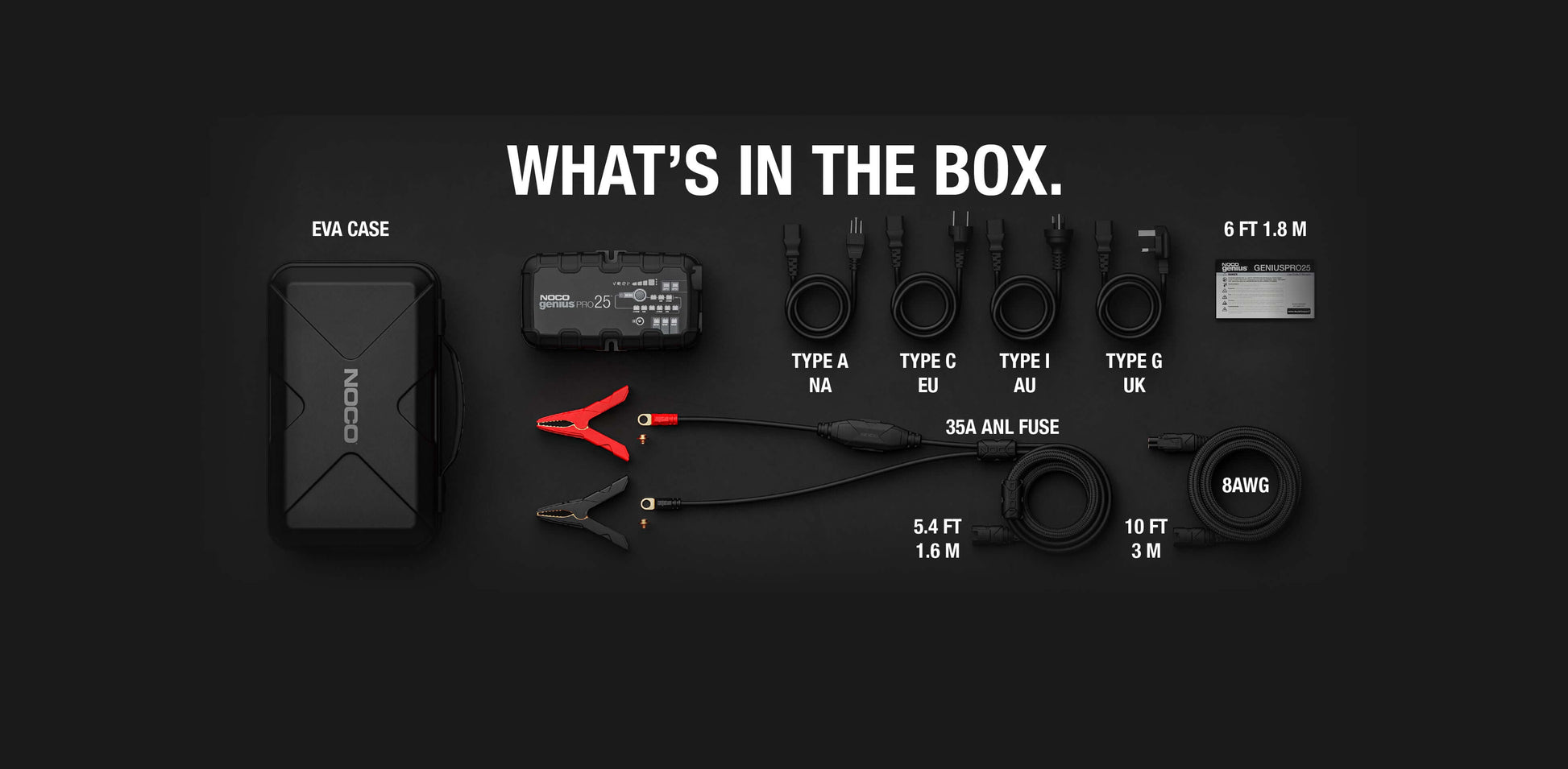NOCO 25A Pro Battery Charger accessories including cables, fuses, and EVA case for Cabin Depot use.