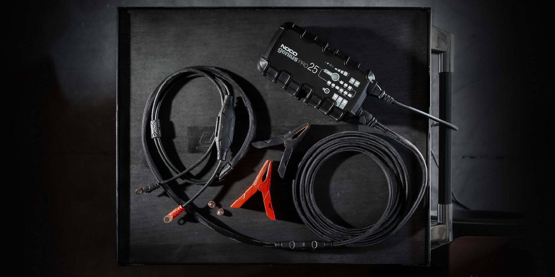 NOCO 25A Pro Battery Charger with cables, available at Cabin Depot for automotive, marine, and deep-cycle batteries.