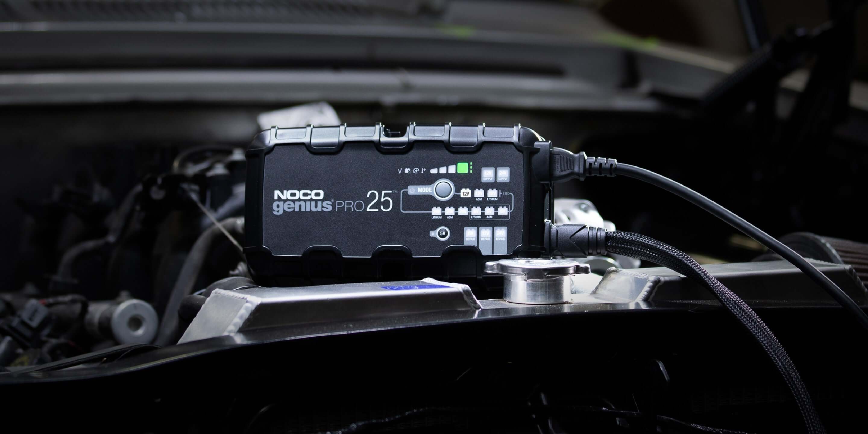 NOCO GENIUSPRO25 25A Pro Battery Charger in action, smart charger with desulfator from Cabin Depot for automotive and marine batteries.