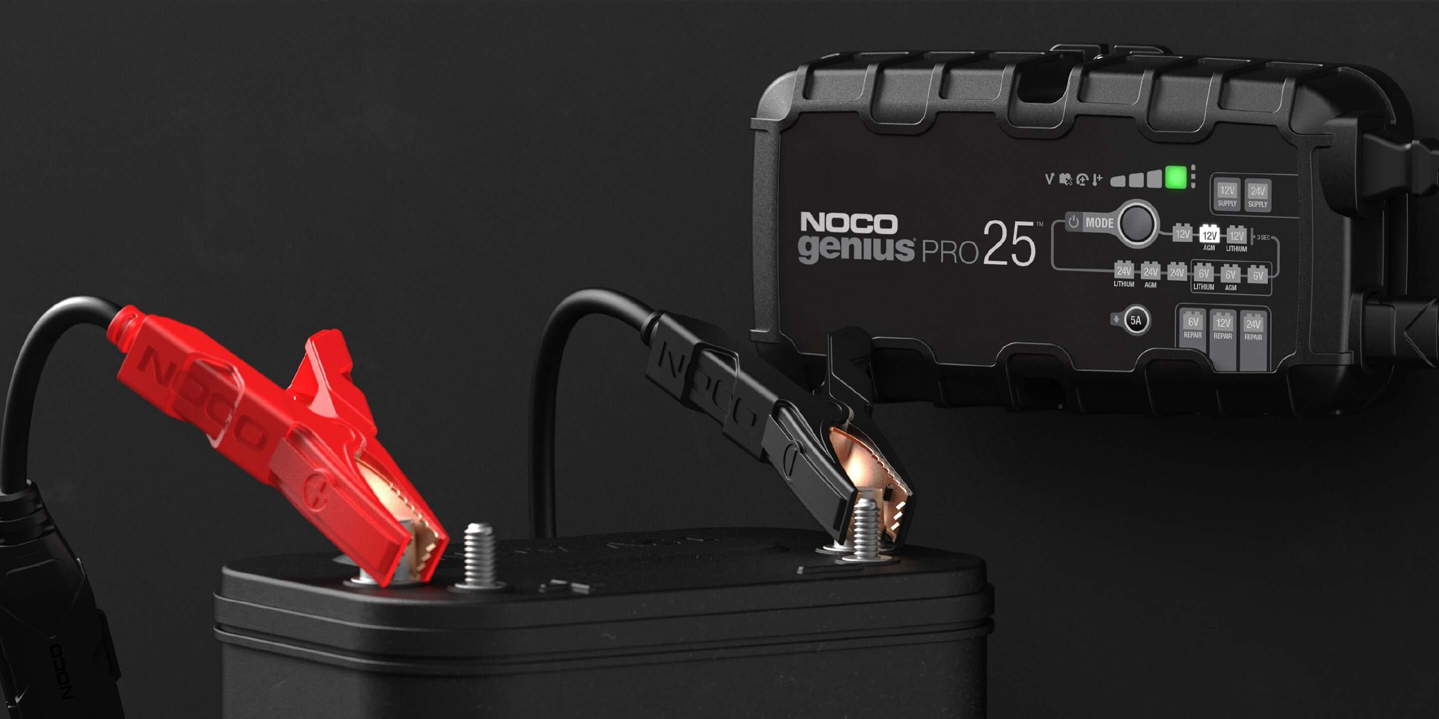 NOCO 25A Pro Battery Charger in use by Cabin Depot, featuring GeniusPro25 for 6V, 12V, 24V automotive and marine batteries.