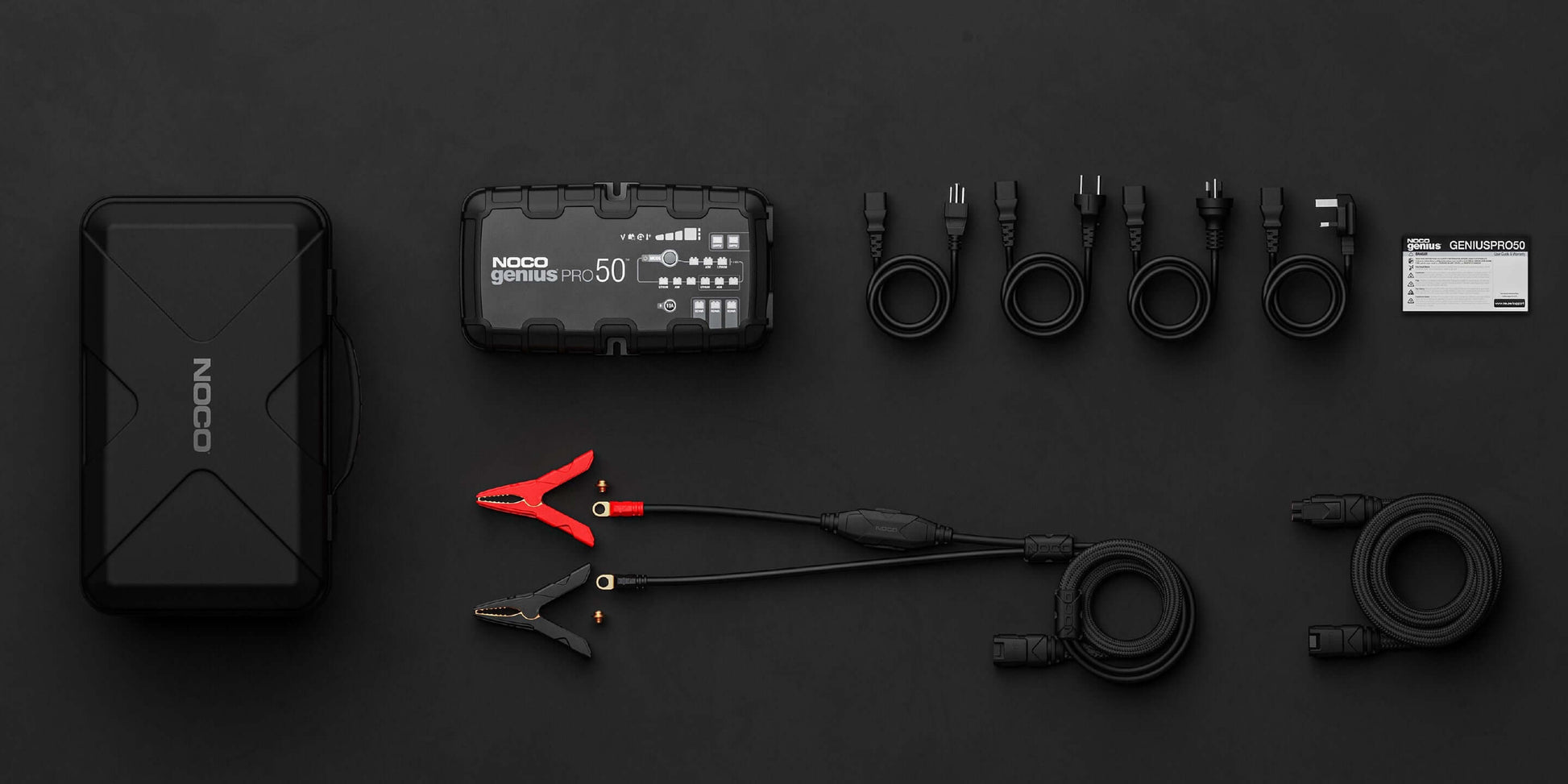 NOCO 50A Pro Battery Charger set, featuring GENIUSPRO50, cables, and accessories, available at Cabin Depot for automotive use.