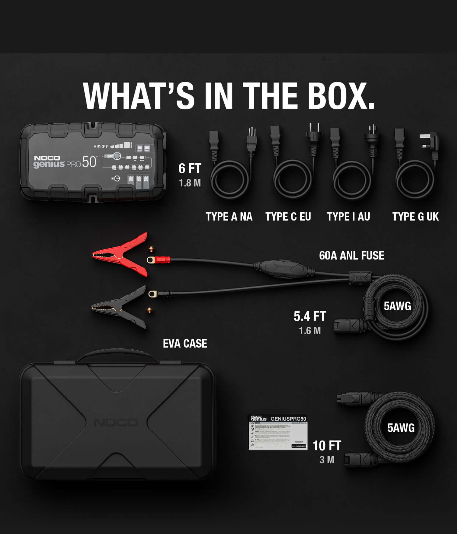 Contents of NOCO 50A Pro Battery Charger box including cables, EVA case, and fuse, available at Cabin Depot.
