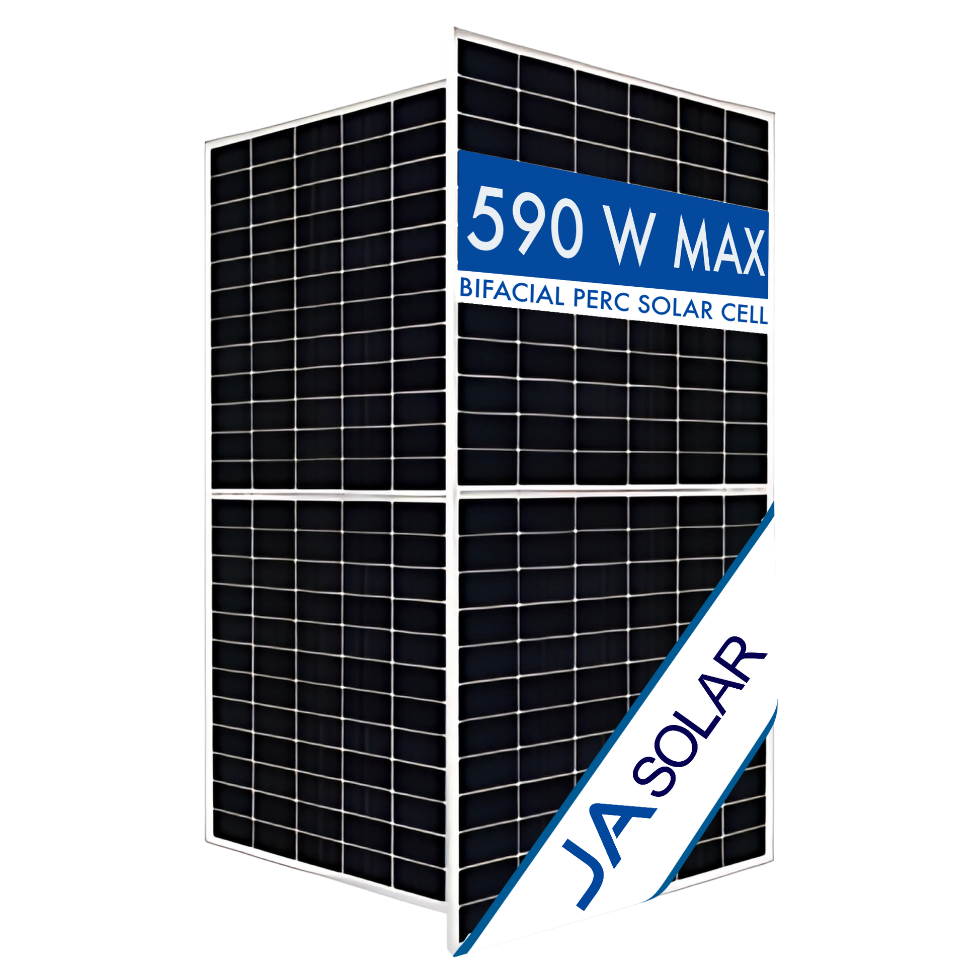JA Solar 590W bifacial solar panel with double glass design for higher energy output, available at Cabin Depot