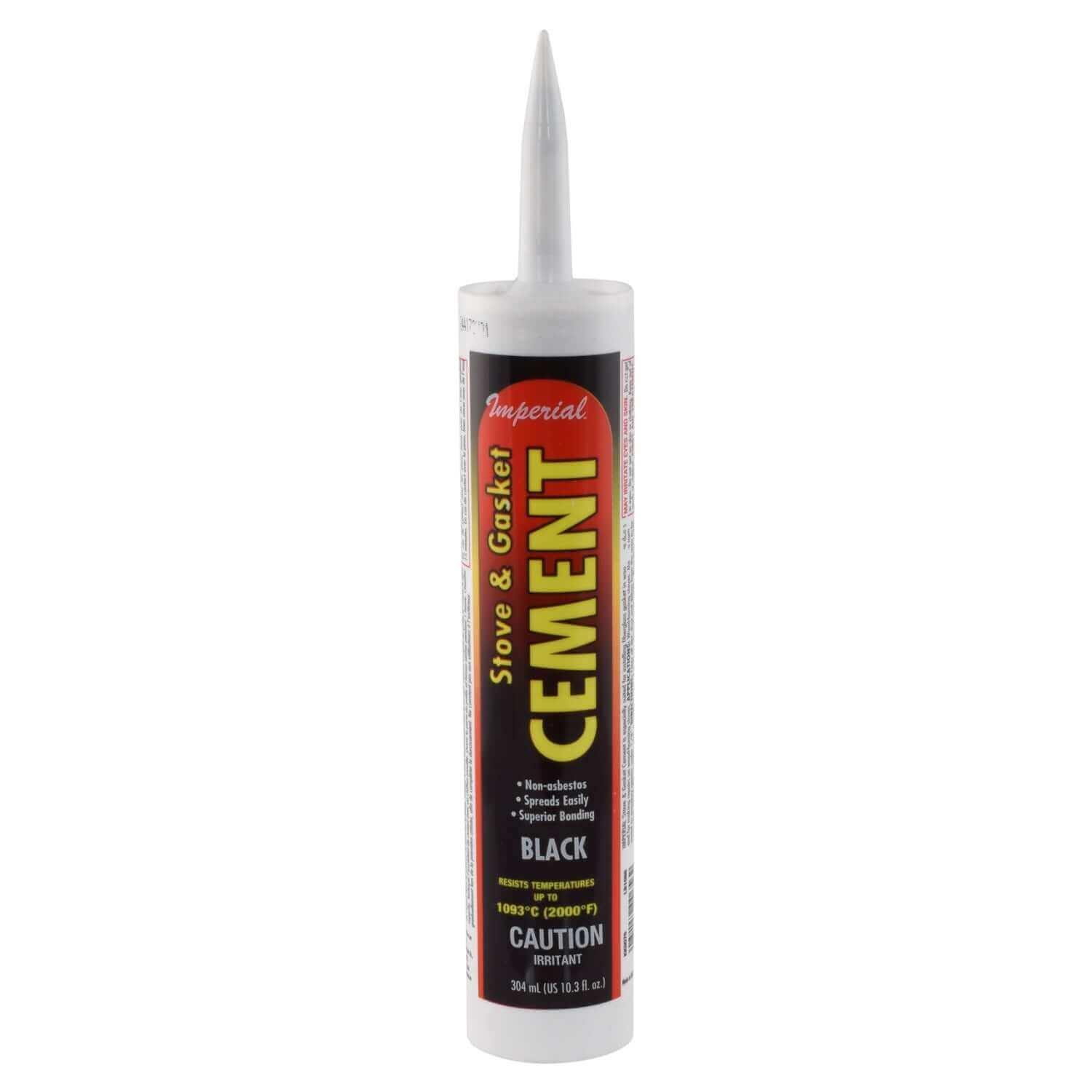Imperial 10.3 fl. oz. Stove and Gasket Cement, black, from Cabin Depot for high-temperature stove repairs; asbestos-free, 2000°F resistant.